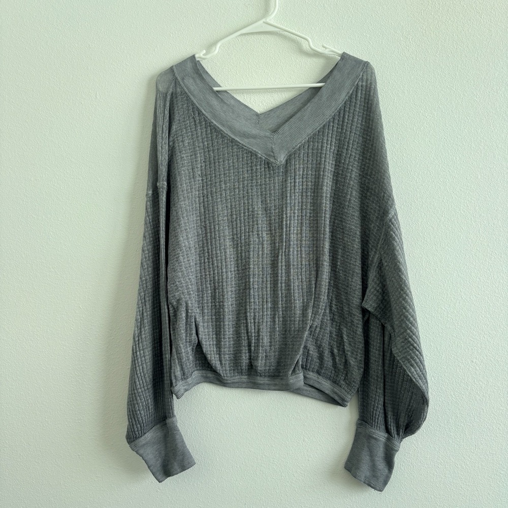 We The Free Top V Neck Thermal Burnout Women S Gray Casual Boho Waffle Knit